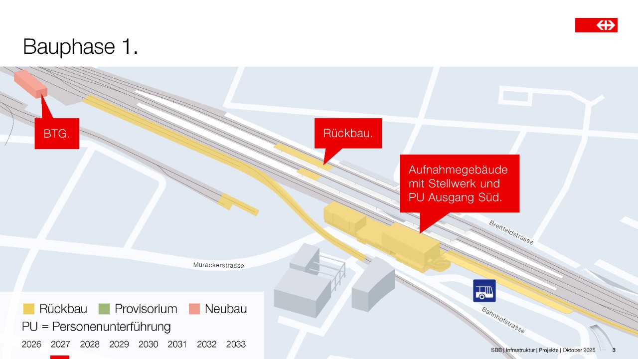 Die vereinfachte Grafik zeigt der Rückbau diverser Objekte am Bahnhof. Das Bahntechnik Gebäude (BTG) wurde schon neu gebaut. Vom BTG aus werden zukünftig der Zugverkehr gesteuert und die Sicherheit der Züge überwacht.