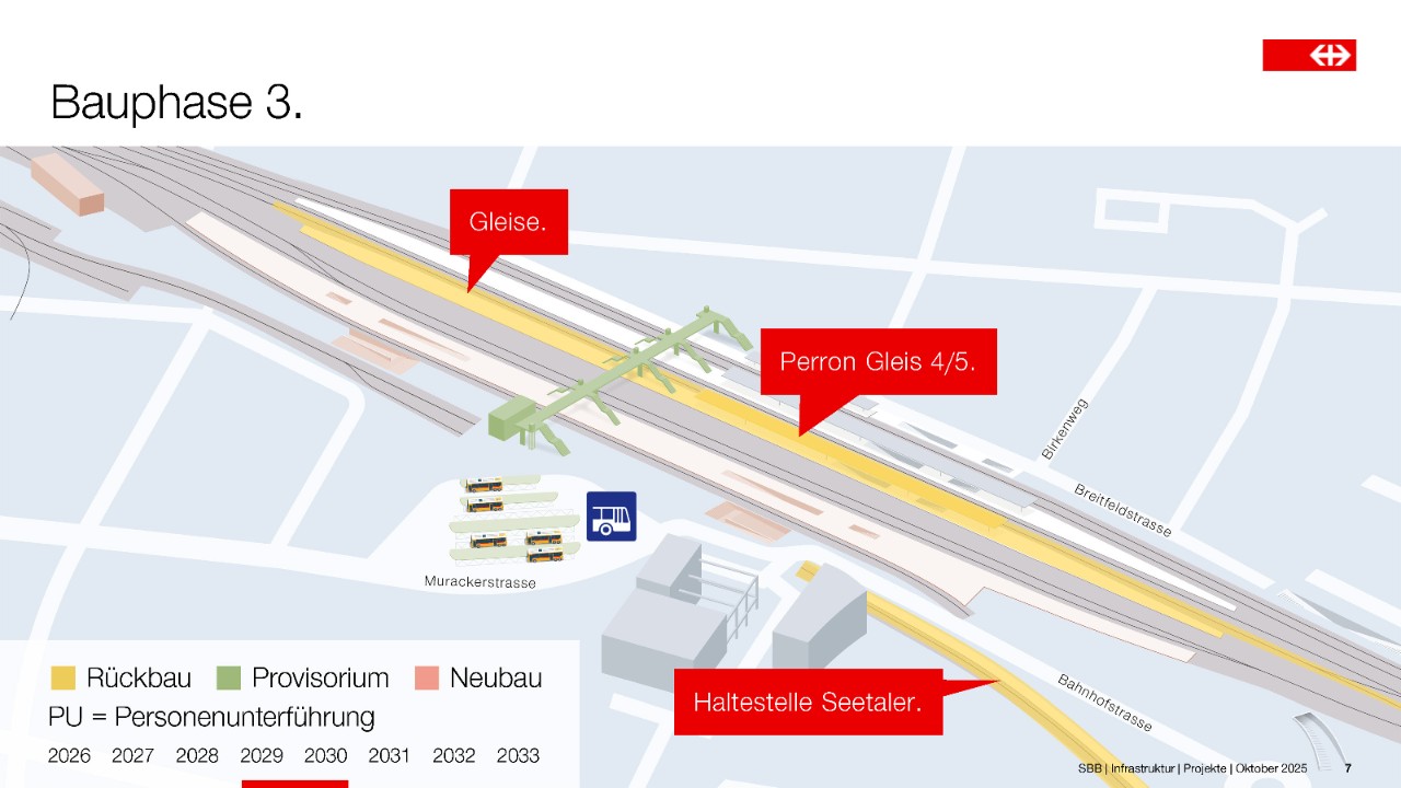 Die Grafik zeigt, wie die Gleise 4/5, das Perron Gleis 4/5 und die Haltestelle der Seetaler-Bahn abgebaut werden. 