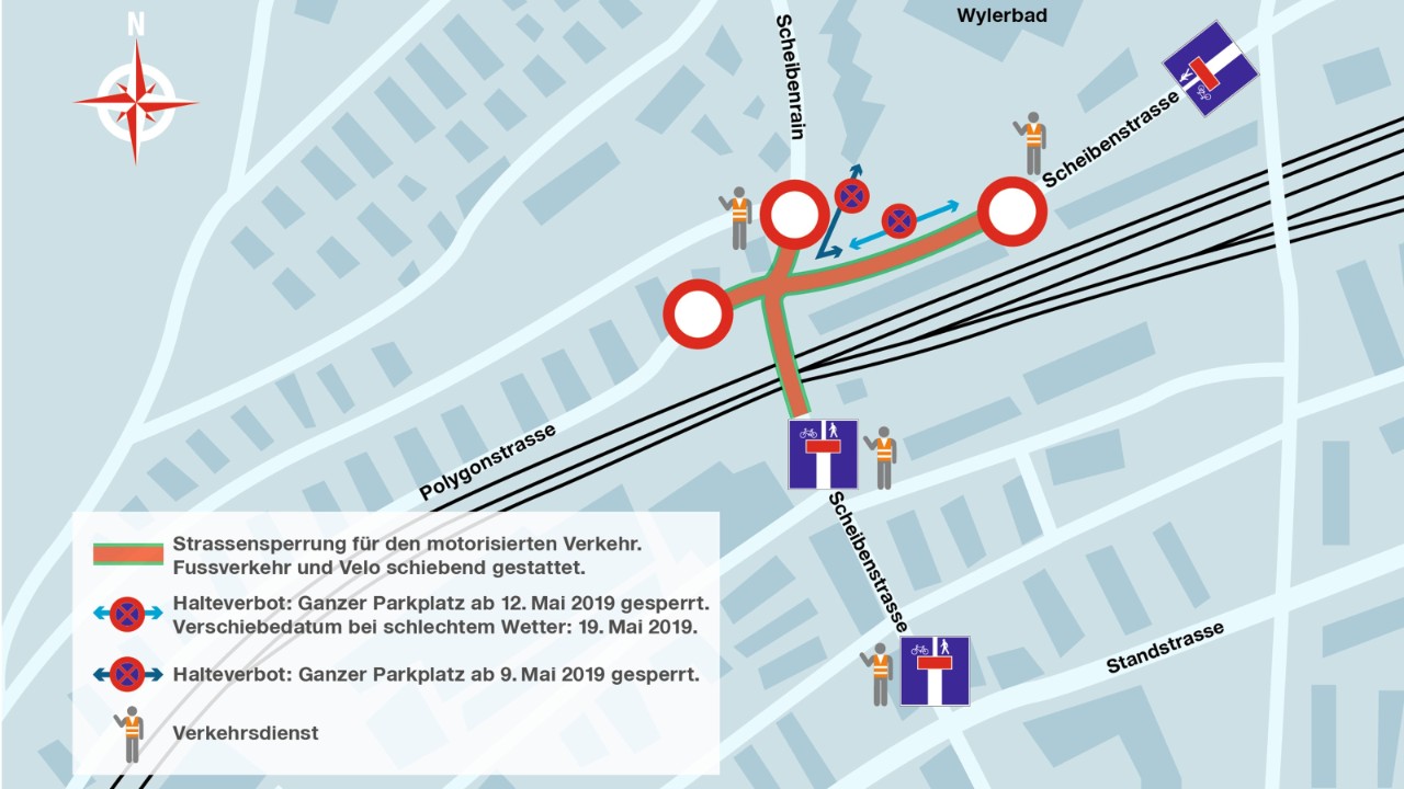 Vom 9. bis 12. Mai 2019 führt die SBB auf der Kreuzung Scheibenstrasse/Polygonstrasse, im Scheibenrain, im Bereich Migros Wankdorf Do-it und auf der Stauffacherbrücke Belagsarbeiten durch. Umleitungen werden Signalisiert, vor Ort hilft auch ein Verkehrsdienst.