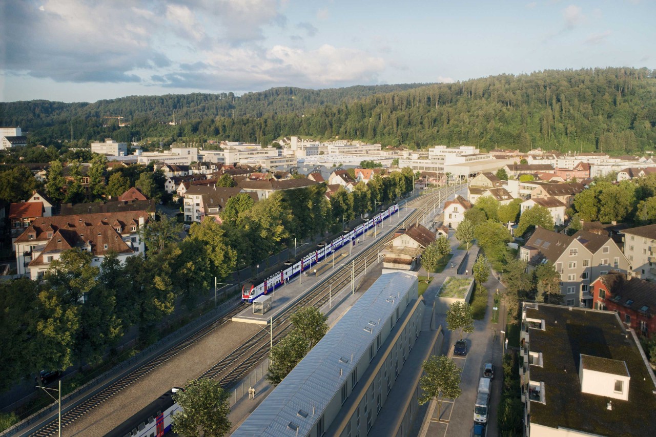 Die Visualisierung zeigt den neuen Bahnhof Winterthur Töss mit neuer Unterführung und einem zusätzlichen Gleis Richtung Winterthur. 