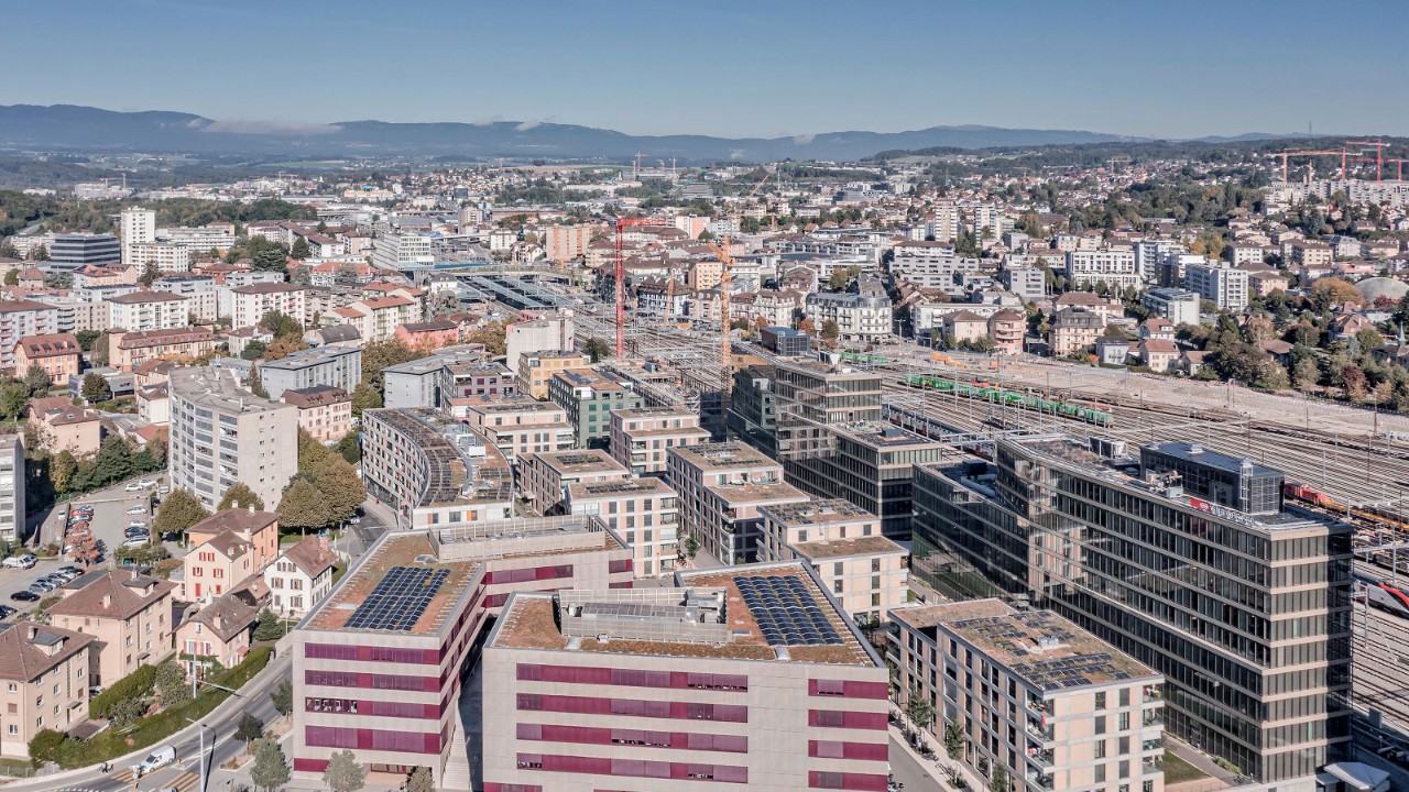 Aerial view of the Parc du Simplon in Renens, the new city quarter of Renens.