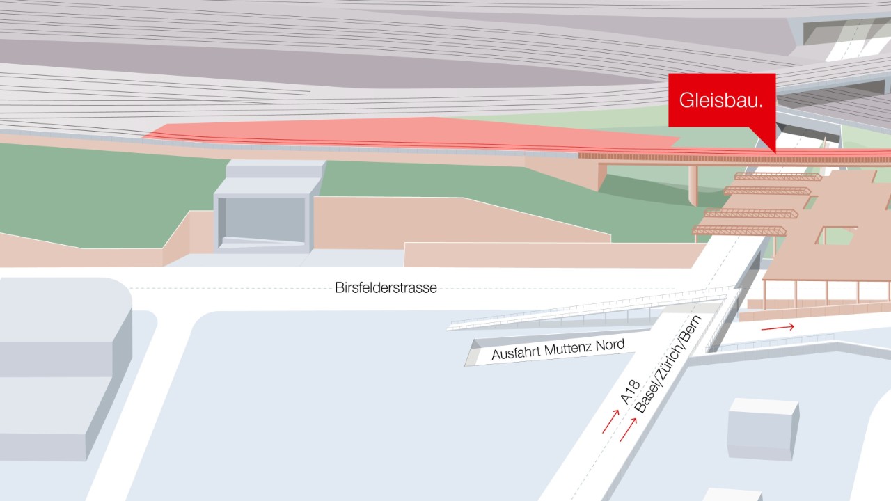 Die Visualisierung zeigt eine Übersicht des Baubereichs Hang Schänzli. Rot eingezeichnet ist der Gleisbereich zwischen Haltestelle St. Jakob und Donenrbaumbrücke, weil dort in der nächsten Bauphase Gleisbauarbeiten stattfinden.