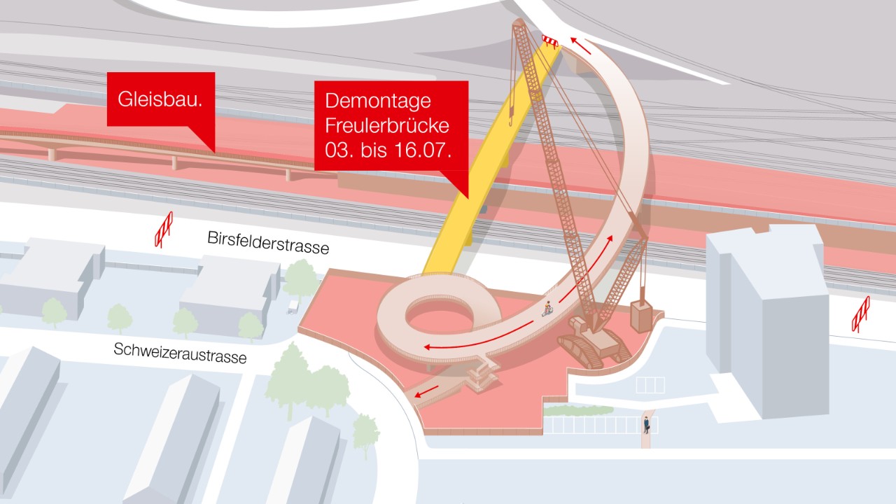 Die Visualisierung zeigt die Situation während der Kranarbeiten vom 3. bis zum 16. Juli 2024. Auf dem Installationsplatz Dammstrasse/Birsfelderstrasse steht ein grosser Raupenkran, um Teile der alten Freulerbrücke auszuheben. Die Birsfelderstrasse ist mit roten Schranken abgesperrt. Die Freulerbrücke ist gelb eingezeichnet. Auf der neuen Passerelle Hagnau, die auch während dieser zeit meistens benutzbar bleibt, ist ein Velofahrer abgebildet.