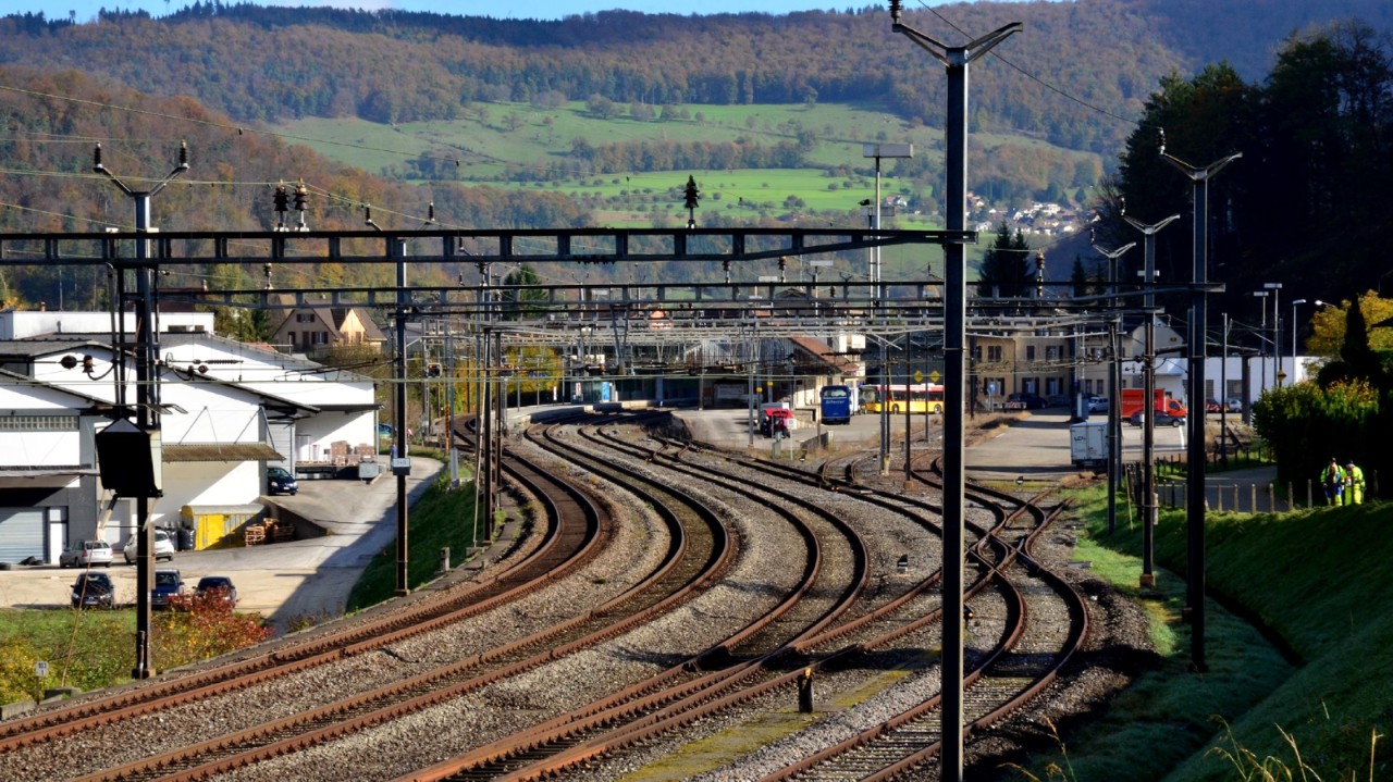 Das Foto zeigt die westliche Einfahrt in den Bahnhof Zwingen in Richtung Basel gesehen.