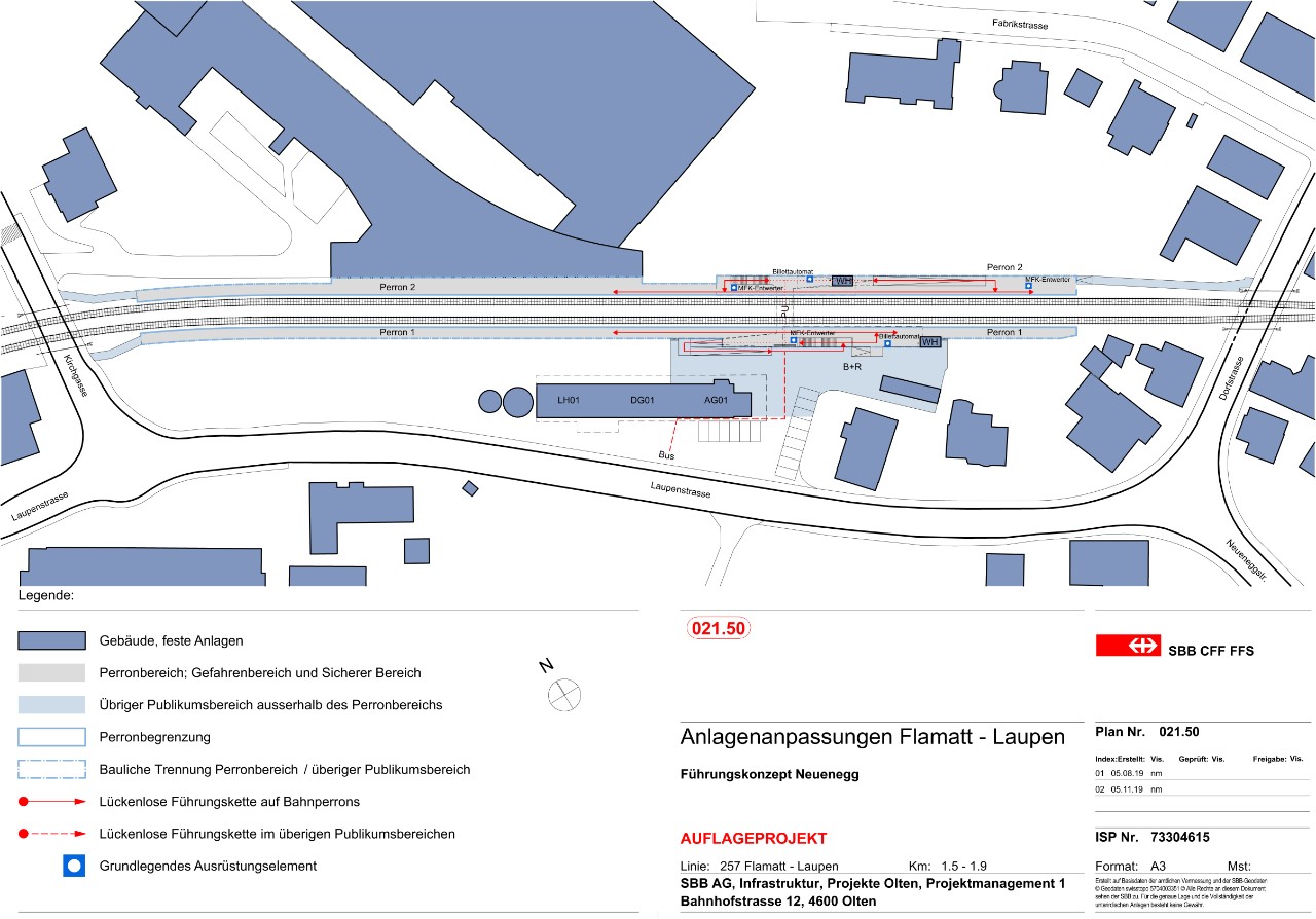 Der Plan zeigt schematisch den neuen Bahnhof Neuenegg mit seinen Gebäuden und Perrons. Weiter zeigt er die Standorte der Billettautomat und der Billettentwerter beim Gleis 1 und 2