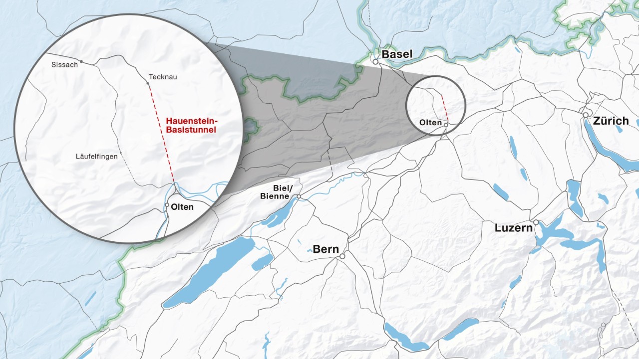 Der Plan zeigt die Lage des Hauenstein-Basistunnels im Schweizer Bahnnetz. Er liegt auf der Linie Basel–Olten. Seine beiden Portale befinden sich in Tecknau und Trimbach. 