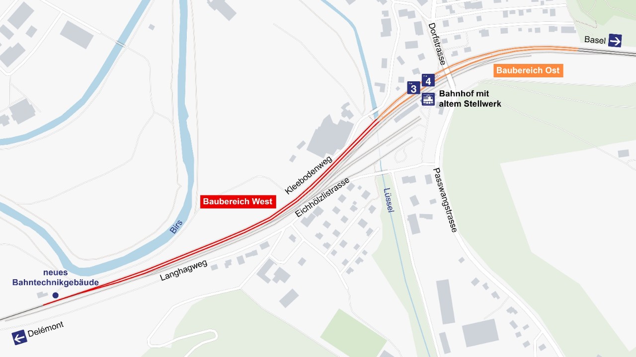 Auf der Karte sind die Baubereiche eingezeichnet. Der Baubereich West reicht vom oberen Kleeboden bis zum Bach Lüssel. Der Baubereich Ost reicht von der Lüssel bis zur östlichen Bahnhofszufahrt.