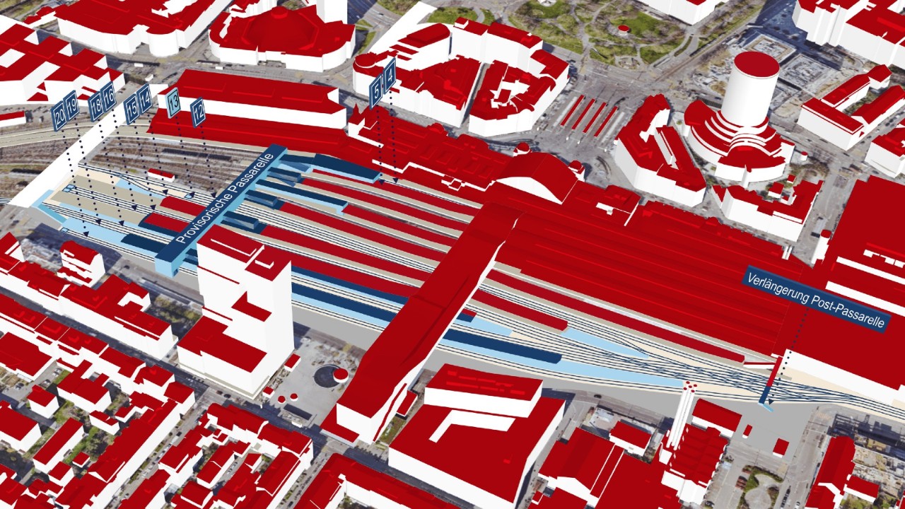 Die Visualisierung zeigt eine vereinfachte Sicht aus der Vogelperspektive auf den Bahnhof Basel SBB von Süden her (Seite Gundeldingen). In blauer Farbe eingezeichnet sind die Ausbauten und Anpassungen, die im Rahmen des Projektpakets vorgenommen werden.