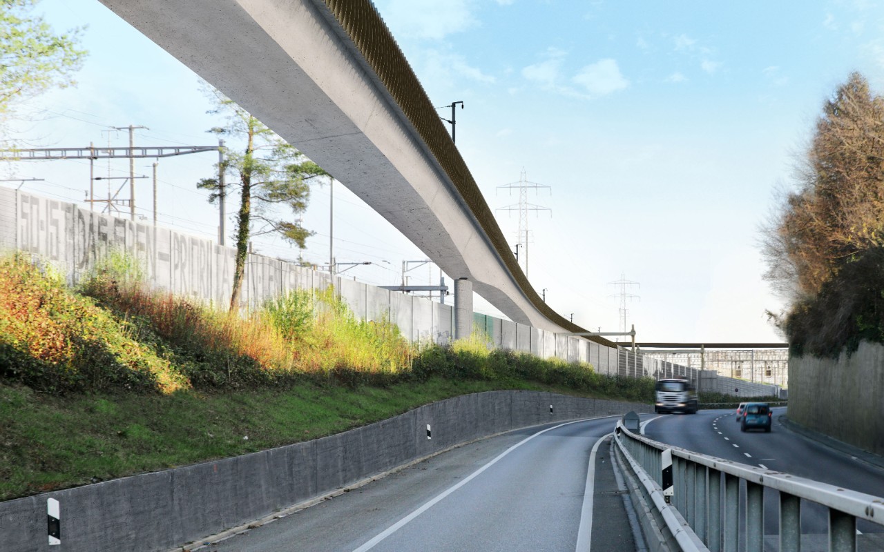 Die Visualisierung zeigt die neue Donnerbaumbrücke von der Birsfelderstrasse Richtung Muttenz gesehen.