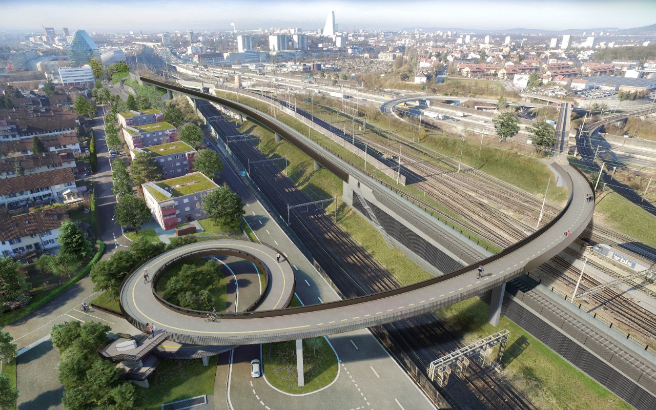 Die Visualisierung zeigt die neue Passerelle Hagnau vom Donnerbaumquartier Richtung Basel gesehen.