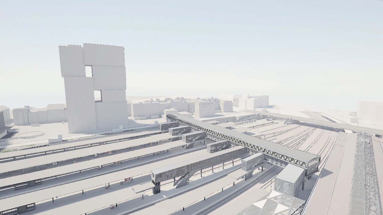 Die Visualisierung zeigt die neue provisorische Passerelle von der Centralbahnplatzseite (Höhe Westflügel) Richtung Gundeldingen gesehen. Dahinter liegt die Margarethenbrücke.