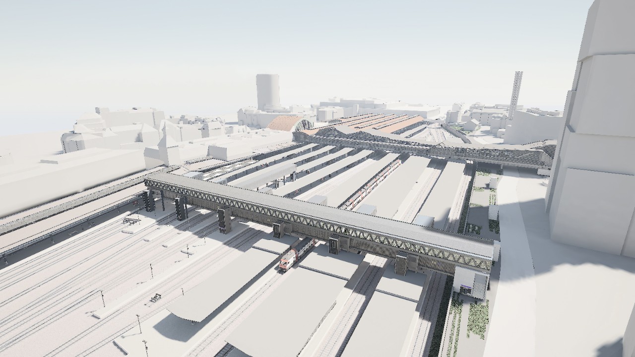 Die Visualisierung zeigt die neue Perronanlage von der Gundeldingerseite (Höhe Margarethenbrücke) Richtung Bahnhofgebäude gesehen.