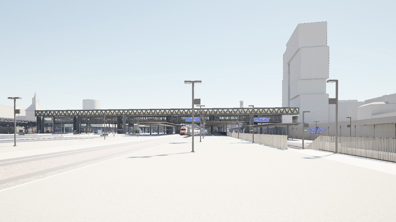 Die Visualisierung zeigt das neue, umgebaute Perron an den Gleisen 16/18 vom Abgang der Margarethenbrücke Richtung provisorische Passerelle gesehen.