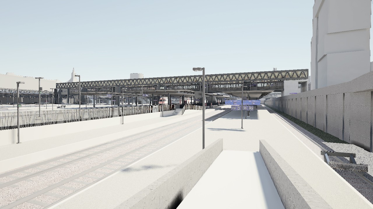 Die Visualisierung zeigt das neue, zusätzliche Perron an den Gleisen 19/20 vom Abgang der Margarethenbrücke in Richtung der neuen, provisorischen Passerelle gesehen.