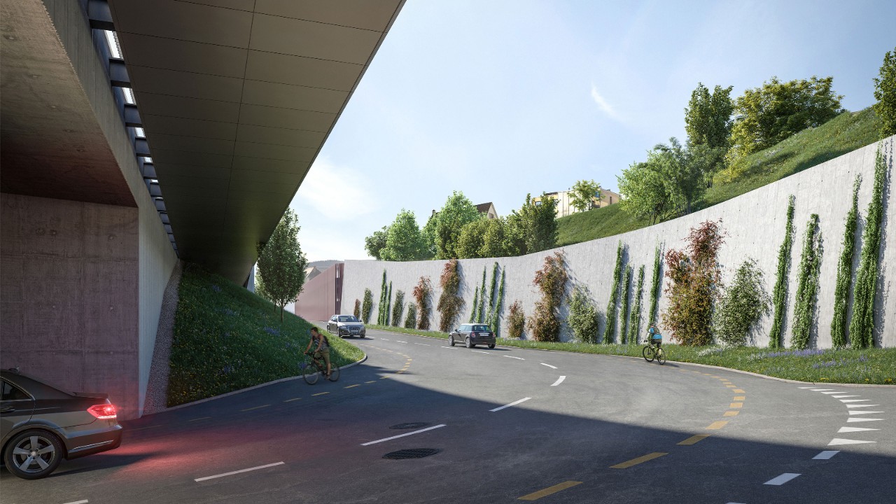 Die Visualisierung zeigt die neue Stützmauer Sichternstrasse von der südlichen Ausfahrt der Strassenunterführung Orital aus gesehen.