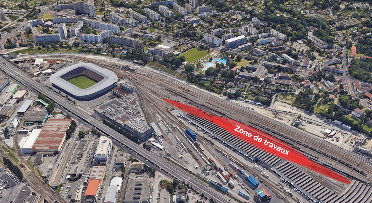 La zone de travaux se situe entre la halte de Lancy-Pont-Rouge et le stade de Genève.